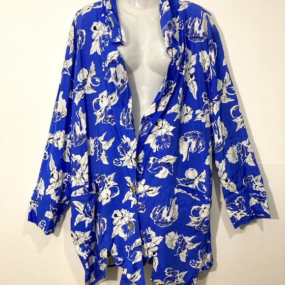 Tramway Tops - Tramway Paris Floral Tunic top long sleeve asymmetrical hem open back blue white